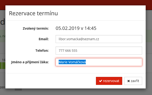 screenshot formulář rezervace