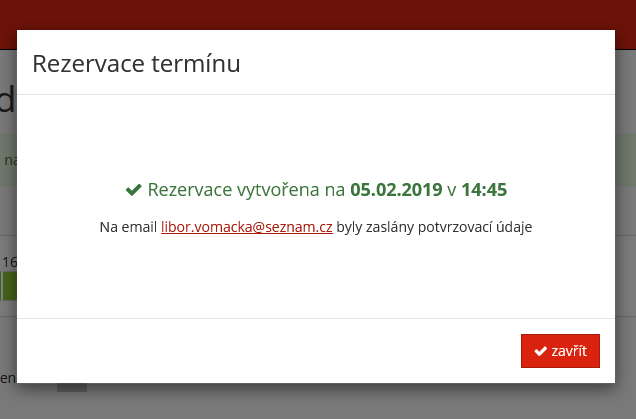 screenshot potvrzení rezervace